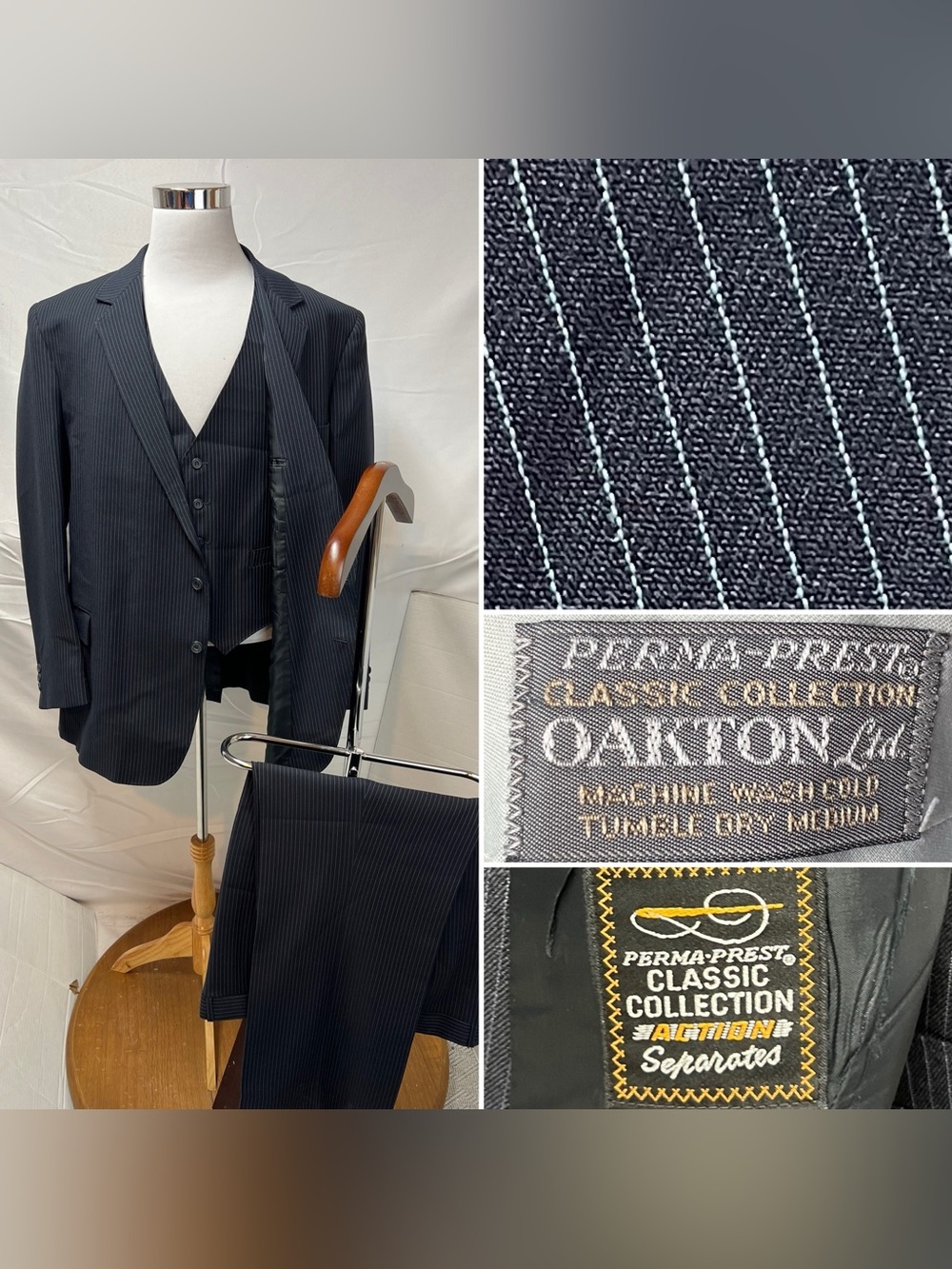 Vintage Oakton Men’s 54L X 48W 3-Piece Suit 70s Navy Pinstripe Perma-Prest